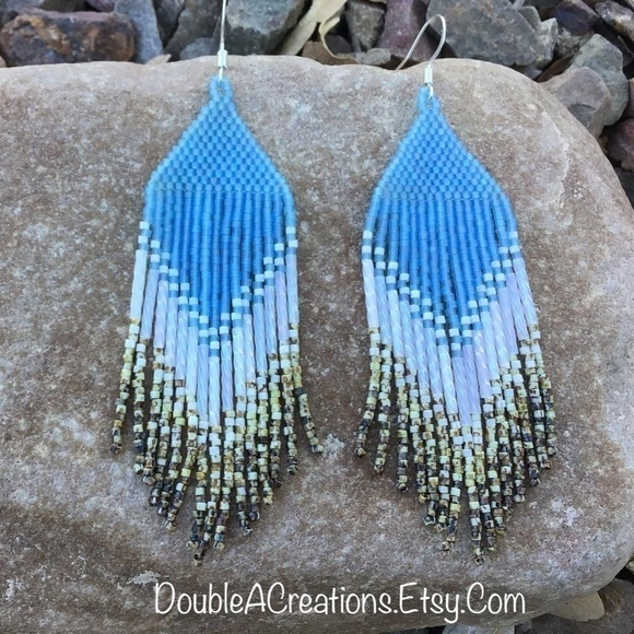 SKY Blue Beaded Earrings With Picasso Rattlesnake Fringe - Picture 4 of 7